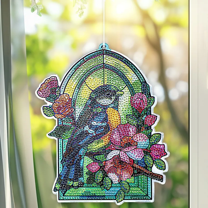 Diamond-Painting-Fensterbild, Glaskunst-Optik, Kohlmeise mit Blüten, 20,2cm x 17cm