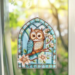Diamond-Painting-Fensterbild, Glaskunst-Optik XL, Eule auf Ast, 26,4cm x 35,5cm, 500µ
