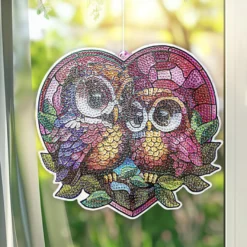 Diamond-Painting-Fensterbild, Glaskunst-Optik, Eulen, 18,2cm x 19,7cm