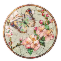 Diamond-Painting-Fensterbild, Glaskunst-Optik, Schmetterling mit Blüten 2, Ø 19,5cm