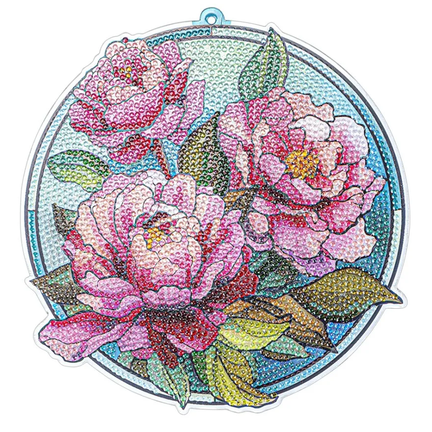 Diamond-Painting-Fensterbild, Glaskunst-Optik, Pfingstrosen, 19,8cm x 19,1cm
