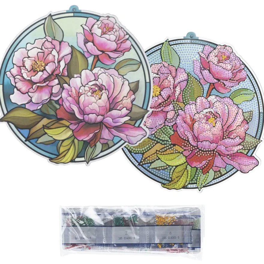 Diamond-Painting-Fensterbild, Glaskunst-Optik, Pfingstrosen, 19,8cm x 19,1cm