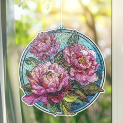 Diamond-Painting-Fensterbild, Glaskunst-Optik, Pfingstrosen, 19,8cm x 19,1cm