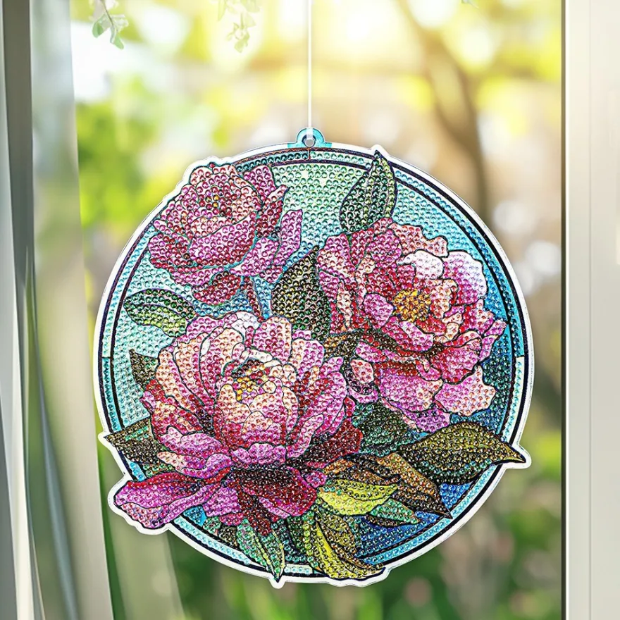 Diamond-Painting-Fensterbild, Glaskunst-Optik, Pfingstrosen, 19,8cm x 19,1cm