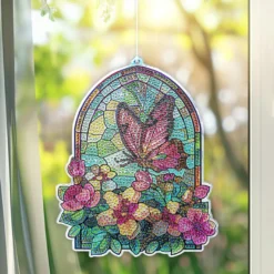 Diamond-Painting-Fensterbild, Glaskunst-Optik, Schmetterling mit Blüten, 20,1cm x 16,4cm