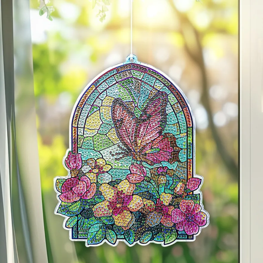 Diamond-Painting-Fensterbild, Glaskunst-Optik, Schmetterling mit Blüten, 20,1cm x 16,4cm