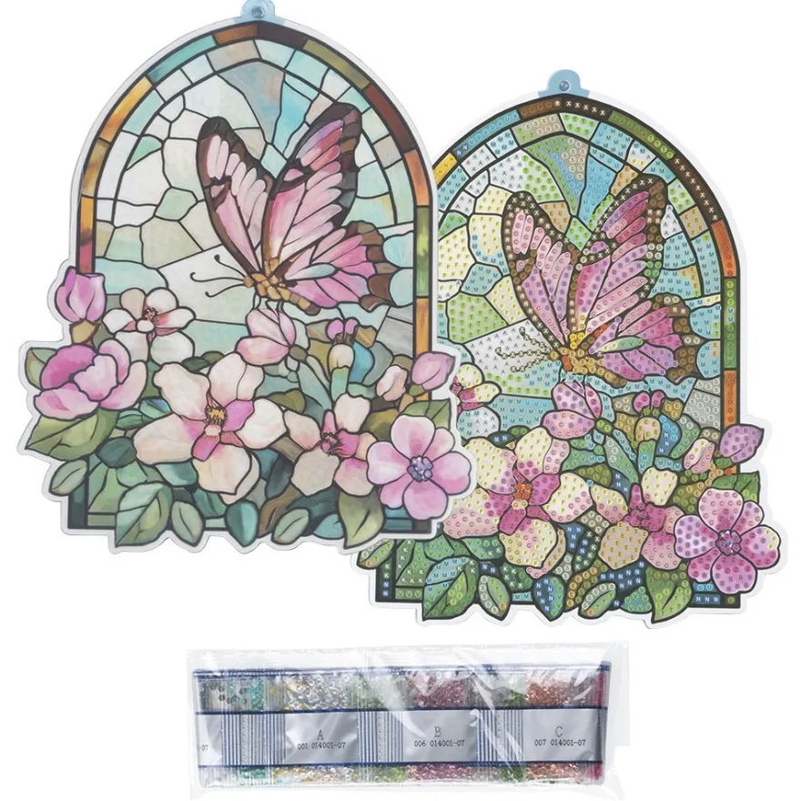 Diamond-Painting-Fensterbild, Glaskunst-Optik, Schmetterling mit Blüten, 20,1cm x 16,4cm