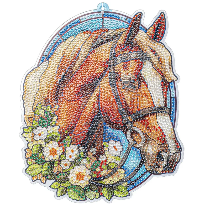 Diamond-Painting-Fensterbild, Glaskunst-Optik, Pferdekopf mit Blüten, 20,2cm x 17cm