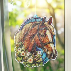 Diamond-Painting-Fensterbild, Glaskunst-Optik, Pferdekopf mit Blüten, 20,2cm x 17cm