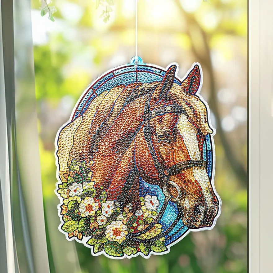 Diamond-Painting-Fensterbild, Glaskunst-Optik, Pferdekopf mit Blüten, 20,2cm x 17cm