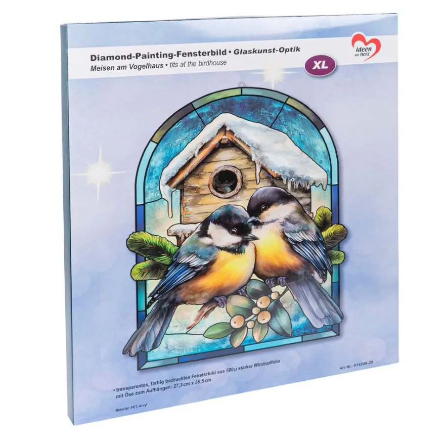 Diamond-Painting-Fensterbild, Glaskunst-Optik XL, Meisen am Vogelhaus, 27,3cm x 35,5cm, 500µ
