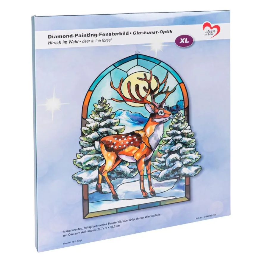 Diamond-Painting-Fensterbild, Glaskunst-Optik XL, Hirsch im Wald, 26,7cm x 35,5cm, 500µ