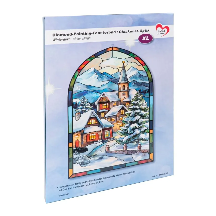 Diamond-Painting-Fensterbild, Glaskunst-Optik XL, Winterdorf, 22,2cm x 35,4cm, 500µ