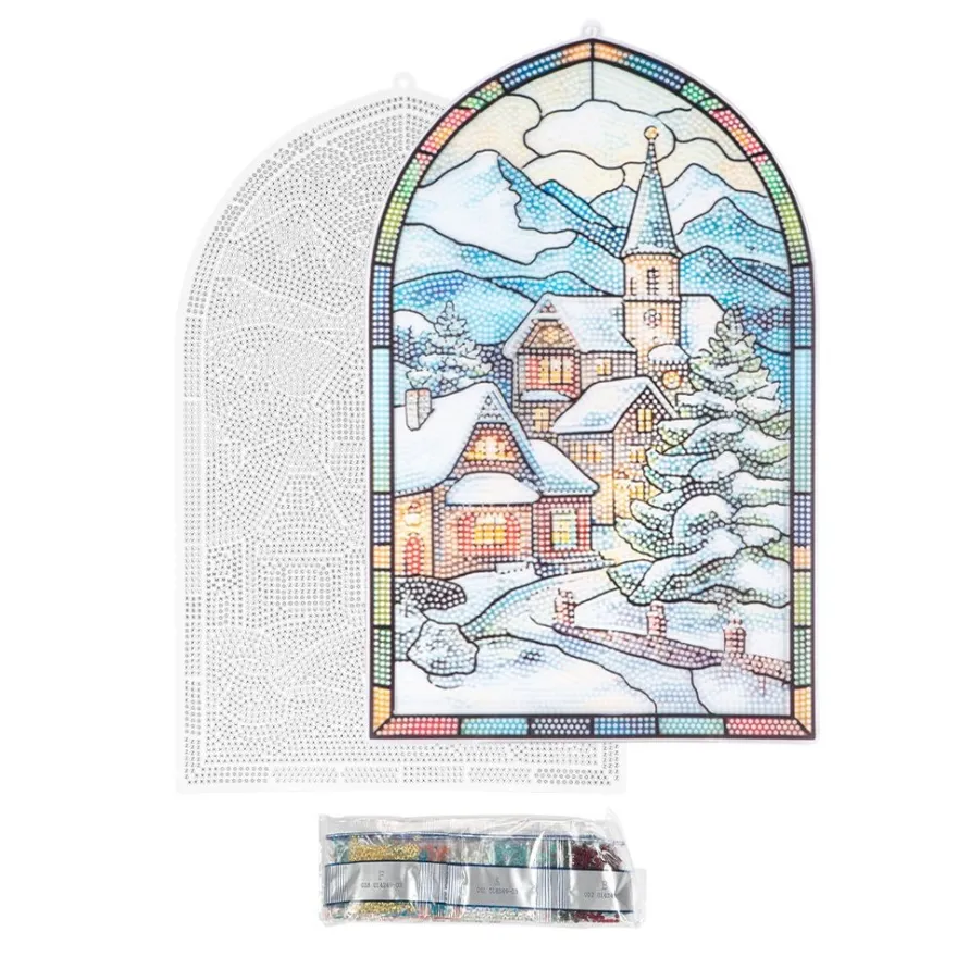 Diamond-Painting-Fensterbild, Glaskunst-Optik XL, Winterdorf, 22,2cm x 35,4cm, 500µ