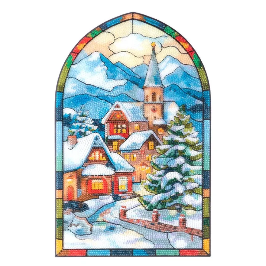 Diamond-Painting-Fensterbild, Glaskunst-Optik XL, Winterdorf, 22,2cm x 35,4cm, 500µ