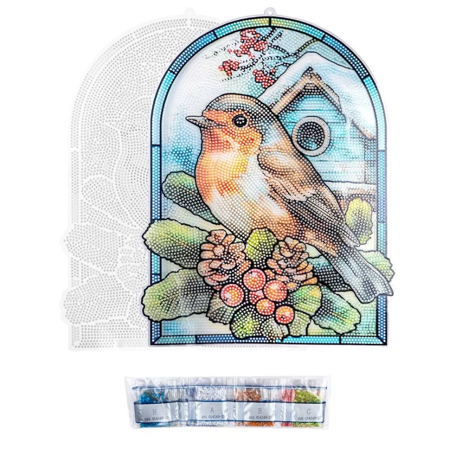 Diamond-Painting-Fensterbild, Glaskunst-Optik XL, Rotkehlchen, 26,3cm x 35,4cm, 500µ