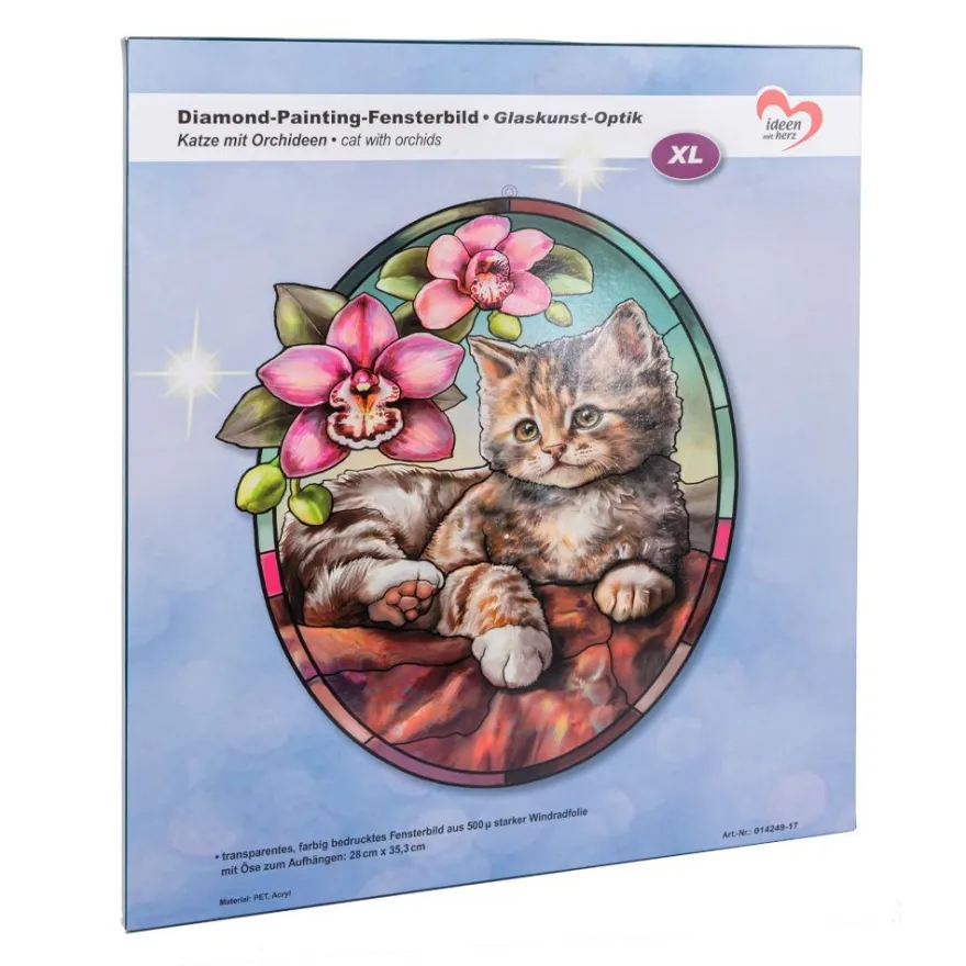 Diamond-Painting-Fensterbild, Glaskunst-Optik XL, Katze mit Orchideen, 28cm x 35,3cm, 500µ