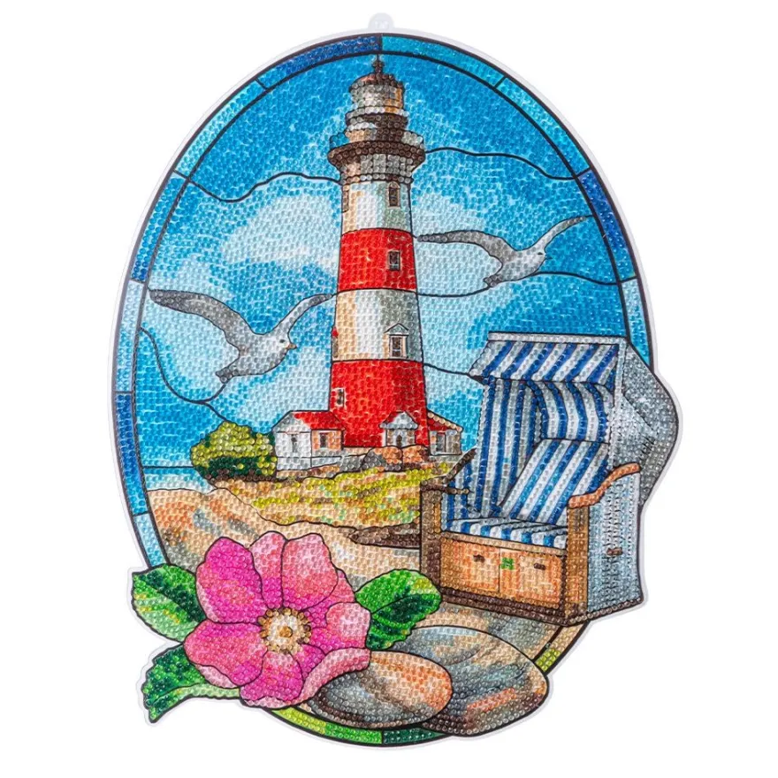 Diamond-Painting-Fensterbild, Glaskunst-Optik XL, Leuchtturm, 27,4cm x 35,4cm, 500µ