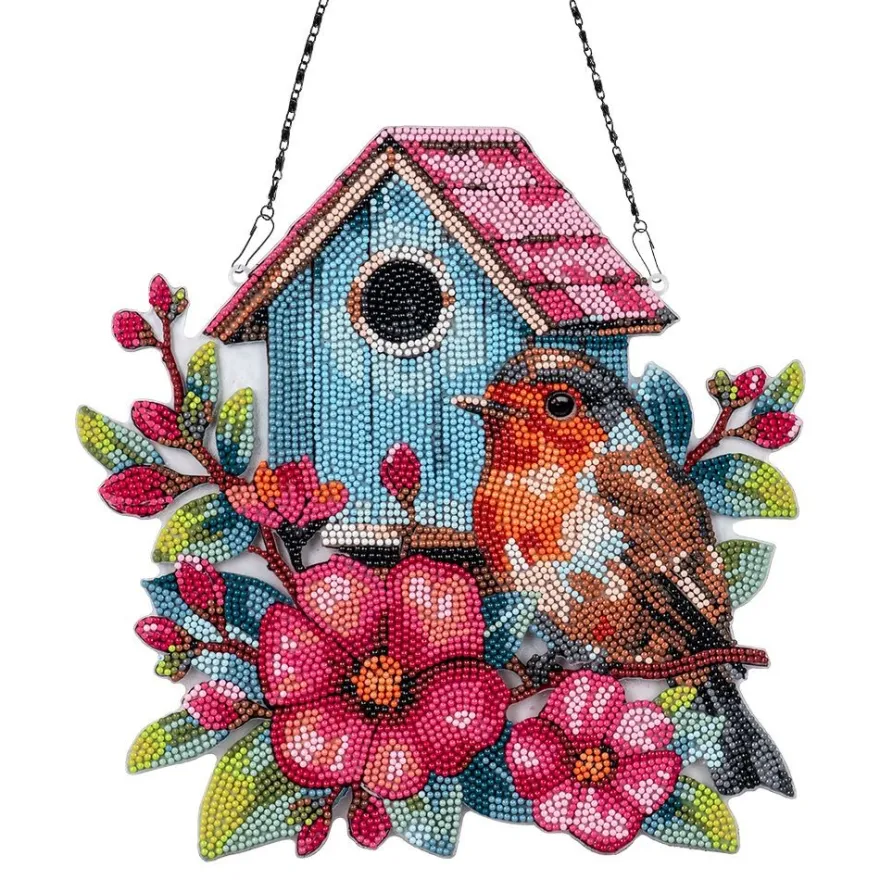 Diamond-Painting-Fensterbild, Acryl, XL, Rotkehlchen, 30cm x 30,3cm, 1,7mm stark, mit Kette