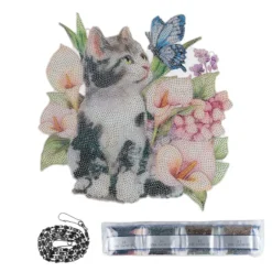 Diamond-Painting-Fensterbild, Acryl, XL, Katze mit Blumen, 30,7cm x 30,9cm, 1,7mm stark, mit Kette