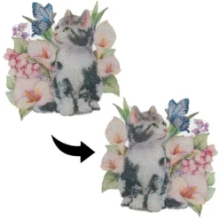 Diamond-Painting-Fensterbild, Acryl, XL, Katze mit Blumen, 30,7cm x 30,9cm, 1,7mm stark, mit Kette