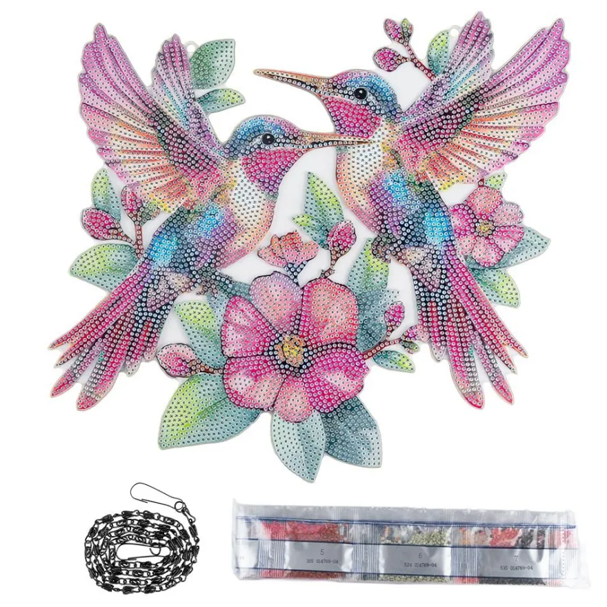 Diamond-Painting-Fensterbild, Acryl, XL, Kolibri-Paar, 33cm x 29,1cm, 1,7mm stark, mit Kette