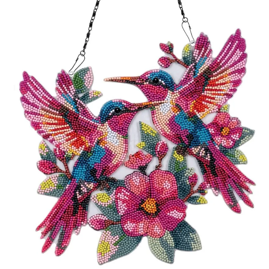 Diamond-Painting-Fensterbild, Acryl, XL, Kolibri-Paar, 33cm x 29,1cm, 1,7mm stark, mit Kette
