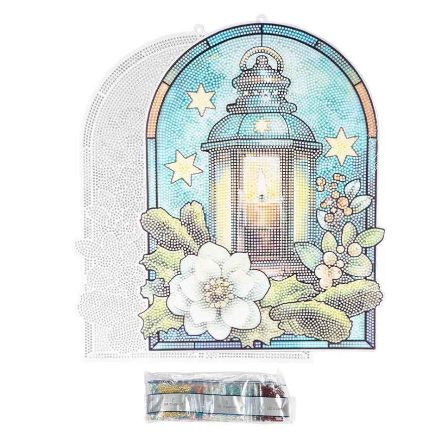 Diamond-Painting-Fensterbild, Glaskunst-Optik XL, Winter-Laterne, 26,5cm x 35,5cm, 500µ