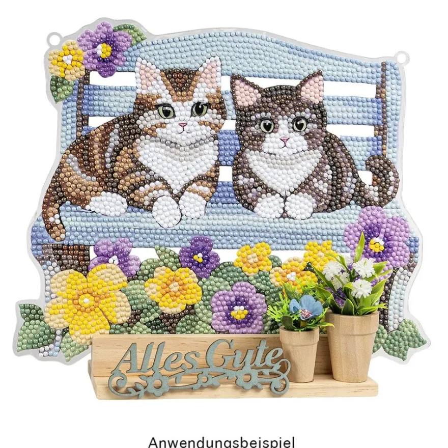 Diamond-Painting-Fensterbild aus Acryl, Katzen auf Bank, 25cm x 20,4cm, 1,7mm stark, inkl. Kette