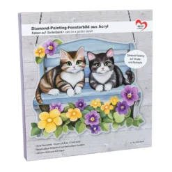 Diamond-Painting-Fensterbild aus Acryl, Katzen auf Bank, 25cm x 20,4cm, 1,7mm stark, inkl. Kette