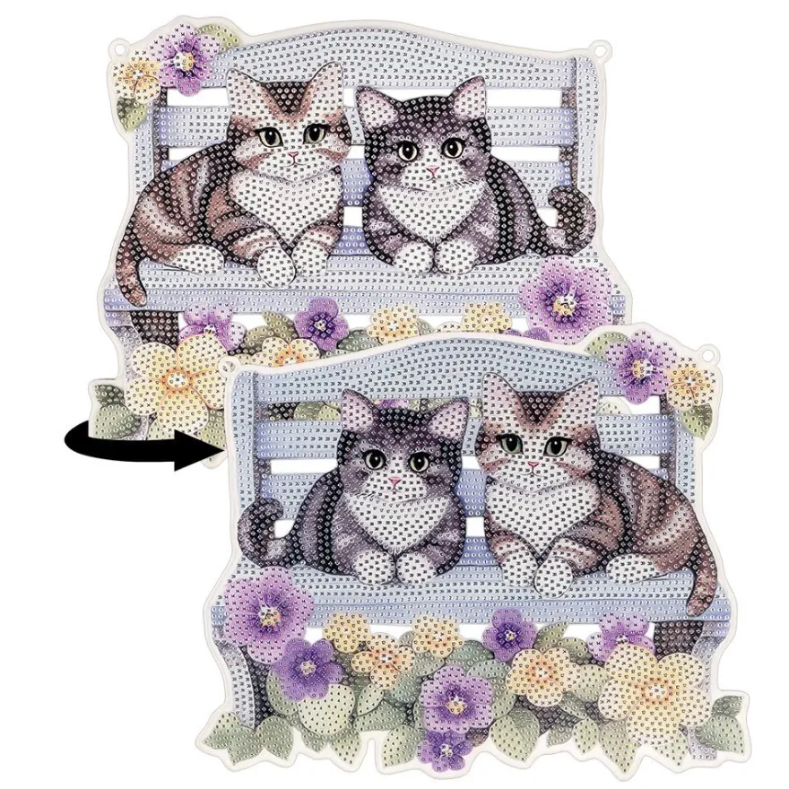 Diamond-Painting-Fensterbild aus Acryl, Katzen auf Bank, 25cm x 20,4cm, 1,7mm stark, inkl. Kette