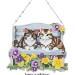 Diamond-Painting-Fensterbild aus Acryl, Katzen auf Bank, 25cm x 20,4cm, 1,7mm stark, inkl. Kette