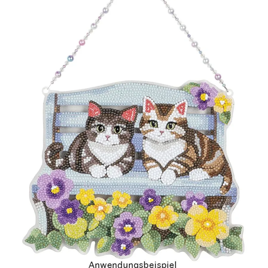Diamond-Painting-Fensterbild aus Acryl, Katzen auf Bank, 25cm x 20,4cm, 1,7mm stark, inkl. Kette