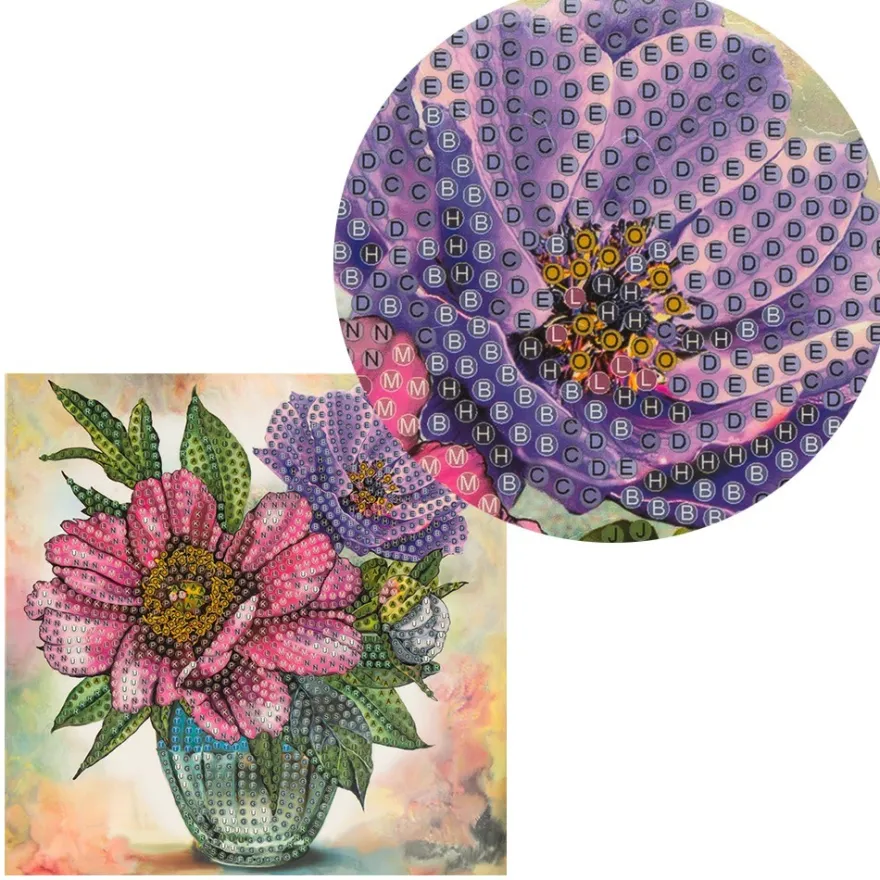 Diamond-Painting-Grußkarte, Anemonen in Vase, 16cm x 16cm, inkl. Zubehör