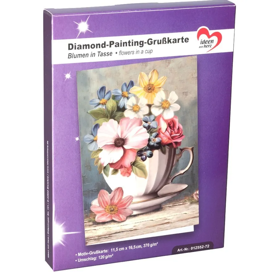 Diamond-Painting-Grußkarte, Blumen in Tasse, 11,5cm x 16,5cm, inkl. Zubehör