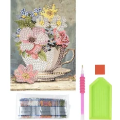 Diamond-Painting-Grußkarte, Blumen in Tasse, 11,5cm x 16,5cm, inkl. Zubehör