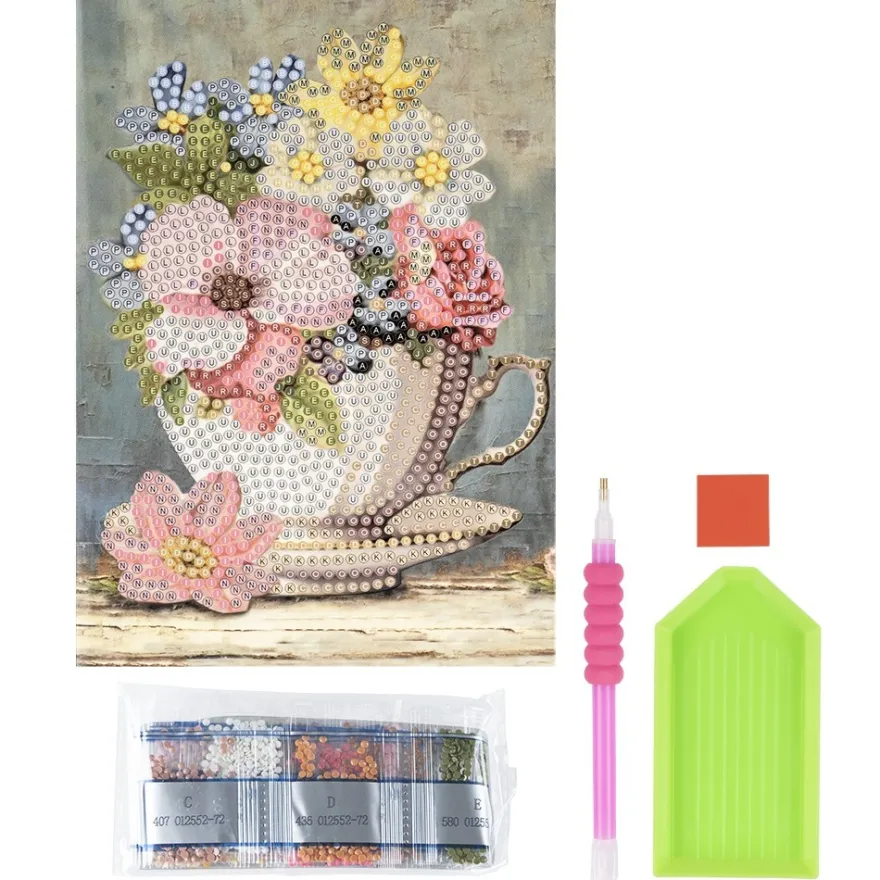 Diamond-Painting-Grußkarte, Blumen in Tasse, 11,5cm x 16,5cm, inkl. Zubehör