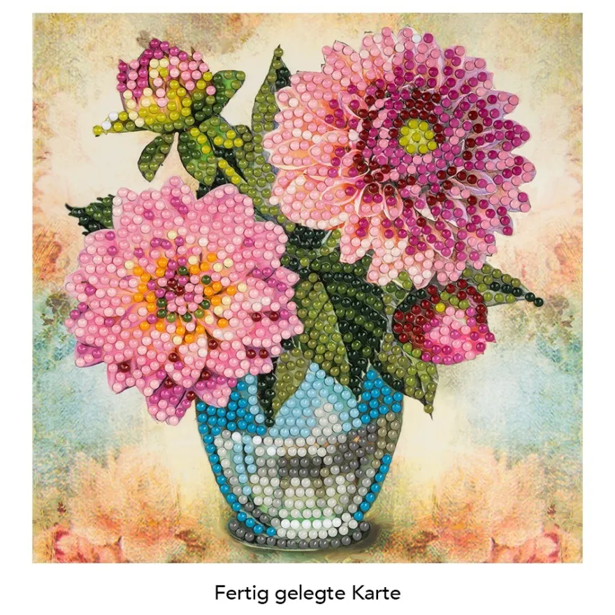 Diamond-Painting-Grußkarte, Dahlien in Vase, 16cm x 16cm, inkl. Zubehör