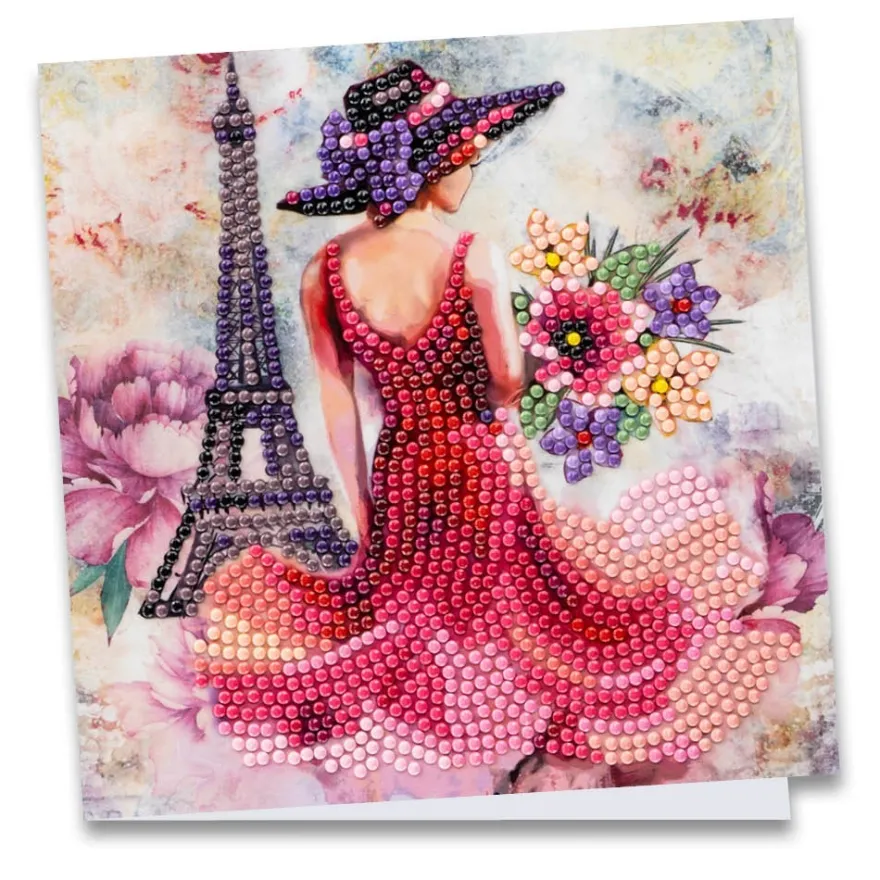 Diamond-Painting-Grußkarte, Damenmotiv mit Eiffelturm, 16cm x 16cm, inkl. Zubehör
