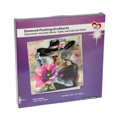 Diamond-Painting-Grußkarte, Damenmotiv mit pinker Blume, 16cm x 16cm, inkl. Zubehör