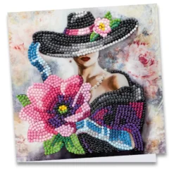 Diamond-Painting-Grußkarte, Damenmotiv mit pinker Blume, 16cm x 16cm, inkl. Zubehör