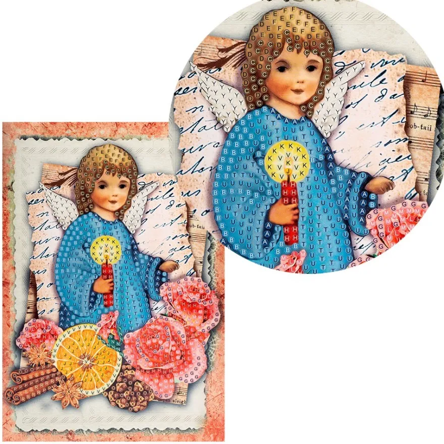 Diamond-Painting-Grußkarte, Engel mit Kerze und Rosen, 11,5cm x 16,5cm, inkl. Zubehör