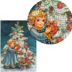 Diamond-Painting-Grußkarte, Engel mit Weihnachtsbaum, 11,5cm x 16,5cm, inkl. Zubehör