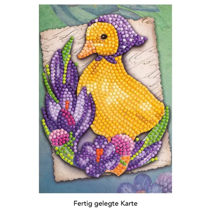 Diamond-Painting-Grußkarte, Entenküken mit Krokussen, 11,5cm x 16,5cm, inkl. Zubehör