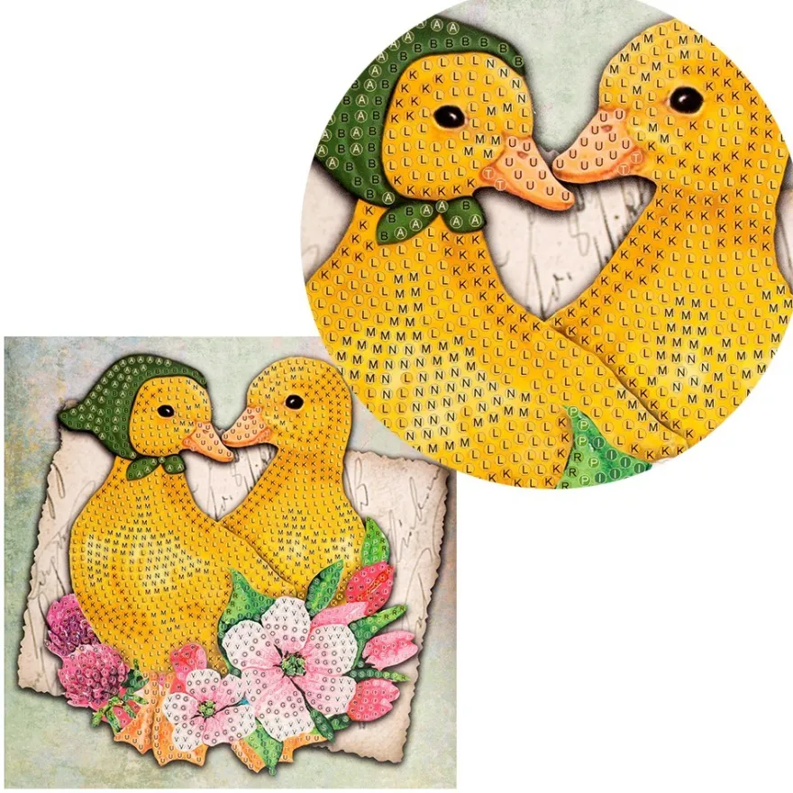 Diamond-Painting-Grußkarte, Entenküken mit roséfarbene Blüten, 16cm x 16cm, inkl. Zubehör