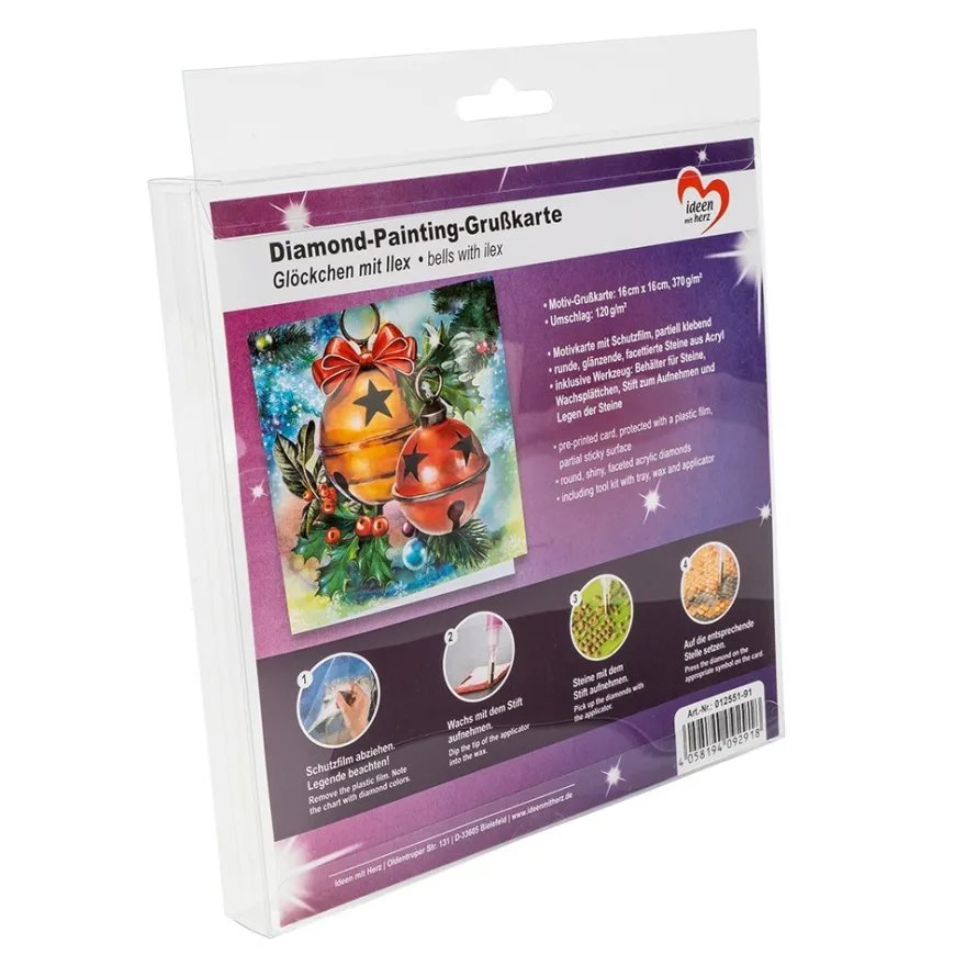 Diamond-Painting-Grußkarte, Glöckchen mit Ilex, 16cm x 16cm, inkl. Zubehör