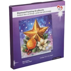 Diamond-Painting-Grußkarte, Goldener Stern mit Orange, 16cm x 16cm, inkl. Zubehör