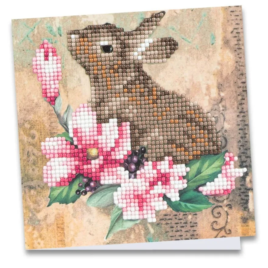 Diamond-Painting-Grußkarte, Hase & Blumen 1, 16cm x 16cm, inkl. Zubehör