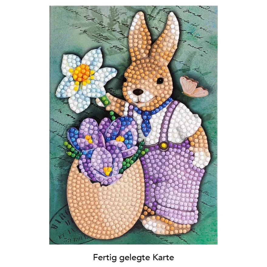 Diamond-Painting-Grußkarte, Hase mit Blumen 2, 11,5cm x 16,5cm, inkl. Zubehör