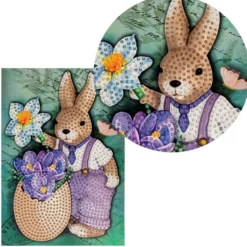 Diamond-Painting-Grußkarte, Hase mit Blumen 2, 11,5cm x 16,5cm, inkl. Zubehör